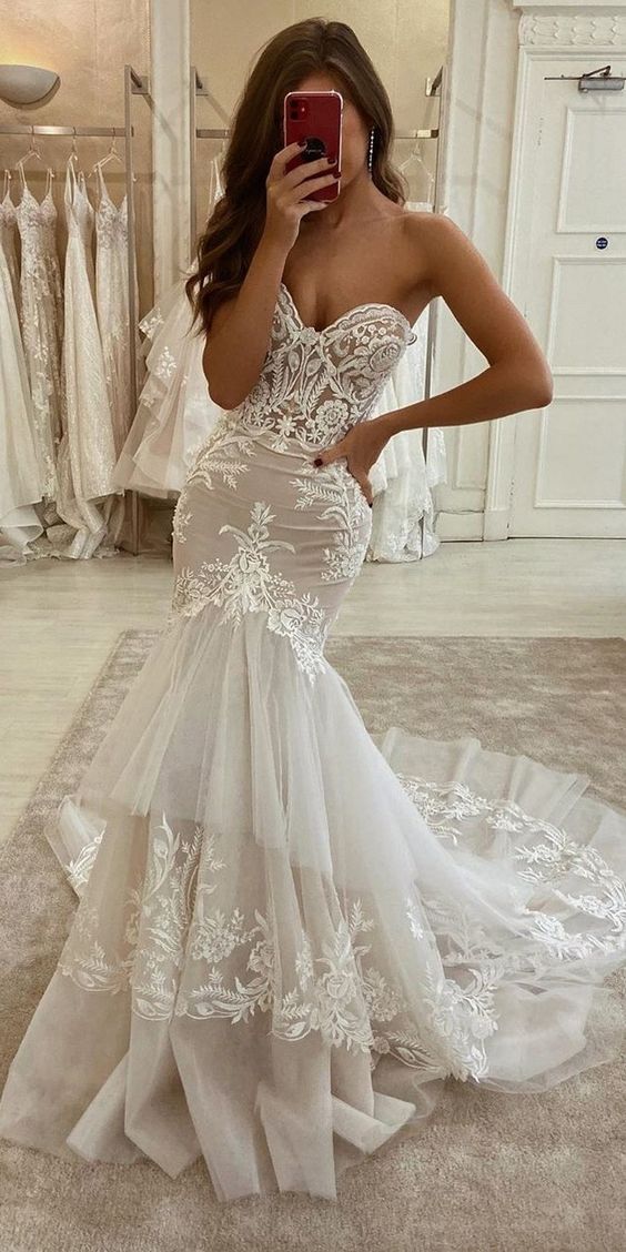 Charming Mermaid Lace Detachable Sleeve Bridal Dresses, Wedding Dress WLD0164