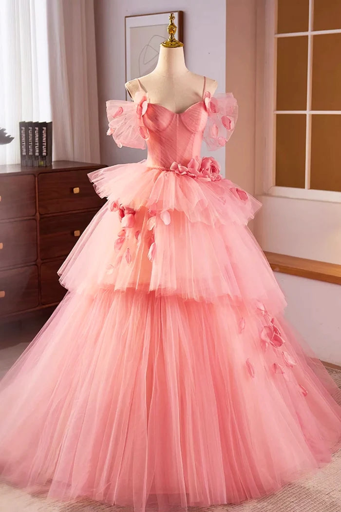Pink Spaghetti Strap Tulle Long Prom Dress, Beautiful A-Line Formal Sweet 16 Dress WLD0317