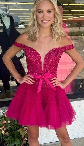 Hot Pink Off-the-Shoulder A-Line Short Prom Dress, Homecoming Dress WLD0156