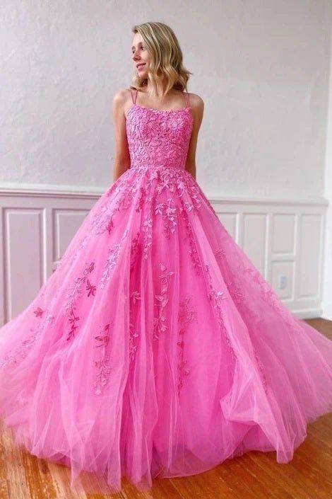 Hot Pink A Line Tulle Lace Appliques Long Prom Dress, Gorgeous Formal Gown WLD0167