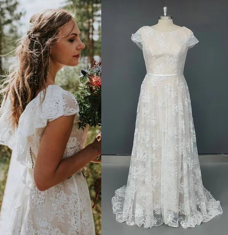 Cap Sleeves Lace V Back Beach Wedding Dresses, Elegant Bride Gowns WLD0137