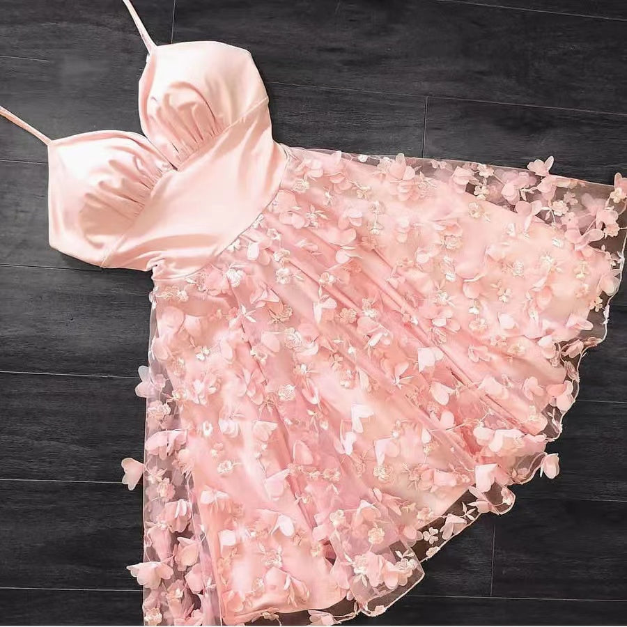 A-line 3D Flowers Spapghetti Strap Short Pink Homecoming Dress, Short Sweet 16 Dresses WLD0112