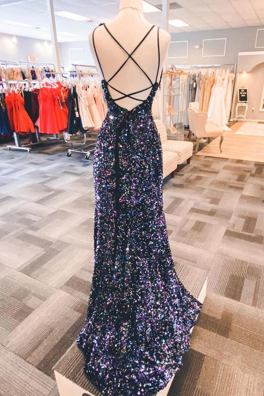 Sparkly Black Sequin V-Neck Backless Mermaid Formal Dresses, Long Prom Dress with Sequins WLD0115