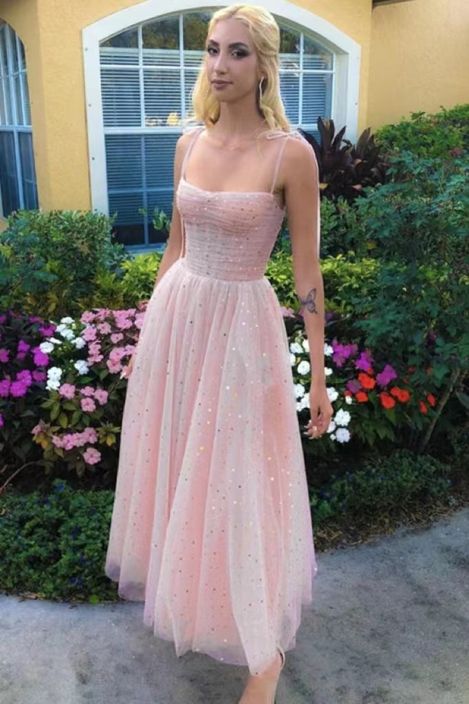 Shiny Pink Sequins Spaghetti Straps Tea Length Prom Dress, Formal Gown WLD0211