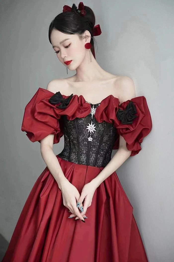 Burgundy Satin and Black Lace Floor Length Prom Dress, Off the Shoulder Evening Party Dress WLD0322