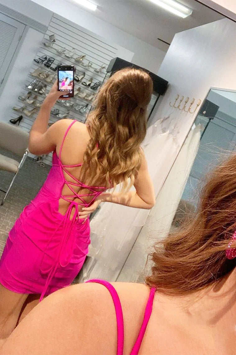 Hot Pink Tight Homecoming Dress, Simple V-neck Party Dresses WLD0110