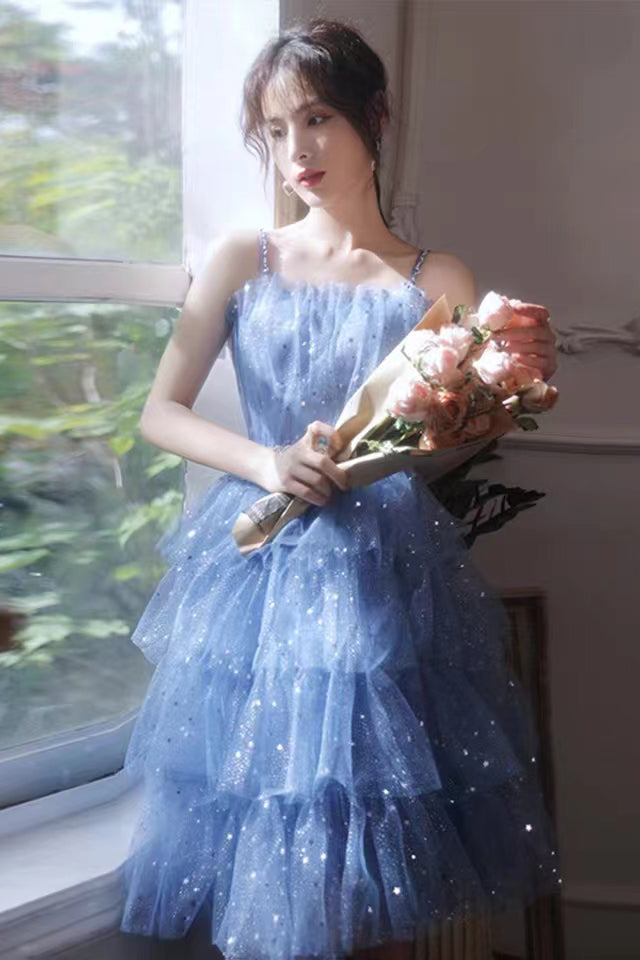 Shiny Blue Tulle A-Line Spaghetti Straps Homecoming Dresses,Short Party Gowns,Hoco Dress WLD0137