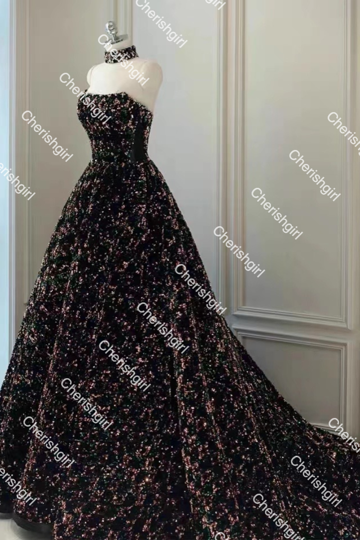 Gorgeous A-Line Shiny Sequins Strapless Prom Dress, Sparkly Formal Gown WLD0176