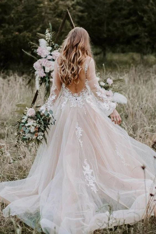 Princess Long Sleeves Lace Appliques V Neck Tulle Wedding Dresses, Bridal Gown WLD0157