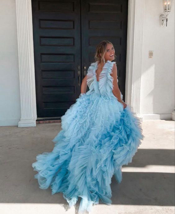 Light Sky Blue Tulle Princess Ruffle Straps With Tiered Long Prom Dress WLD0169