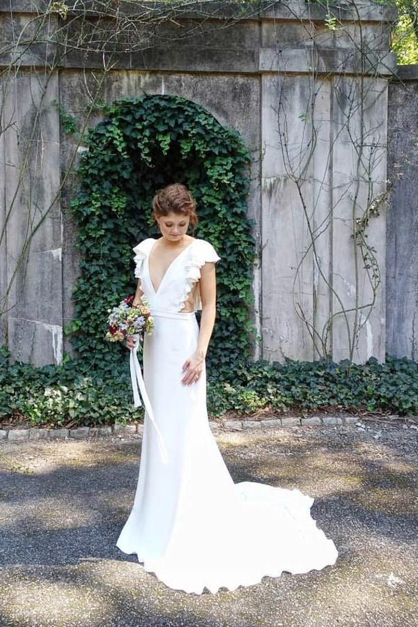 Mermaid V-Neck Cap Sleeves Wedding Dress with Ruffles, Bride Dress WLD0192