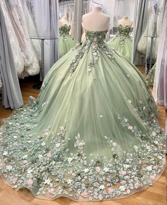 Sweetheart Green Ball Gown Tulle Long Prom Dress With Applique, Quinceañera Dress  WLD0224