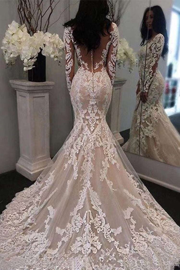New Arrival Mermaid Long Sleeves See Through Back Sweetheart Long Lace Wedding Dresses, Bridal Gown WLD0161