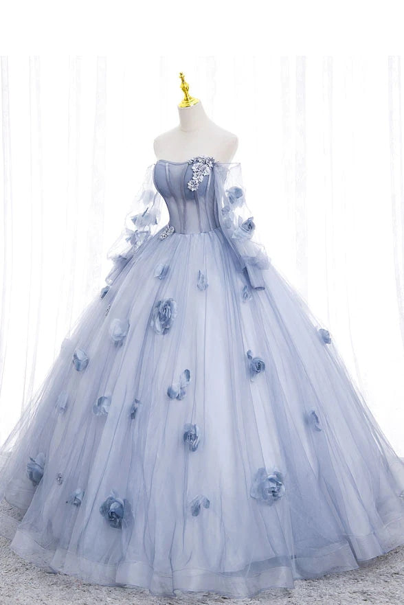 Off The Shoulder Blue Tulle Prom Dress With Flowers, Princess Quinceanera WLD0254