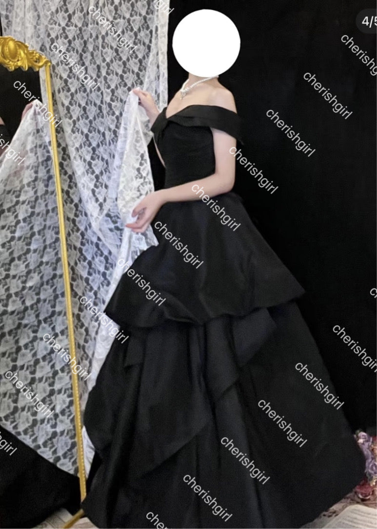 Off-the-Shoulder Black Tulle A-Line Long Prom Dress, Formal Dress WLD0409