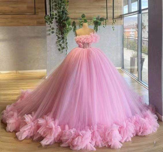 Gorgeous Ball Gown Light Pink Beading Prom Dresses, Strapless Quinceanera Dresses WLD0212