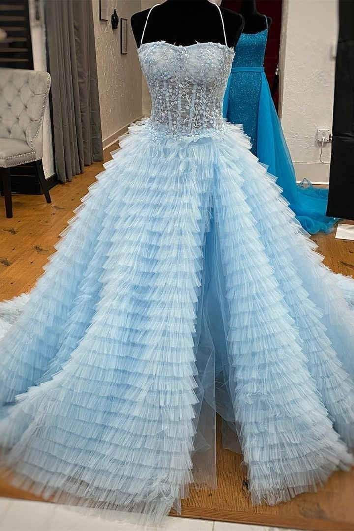 Spaghetti Straps Light Blue Long Prom Dress , Slit Long Formal Gown WLD0365