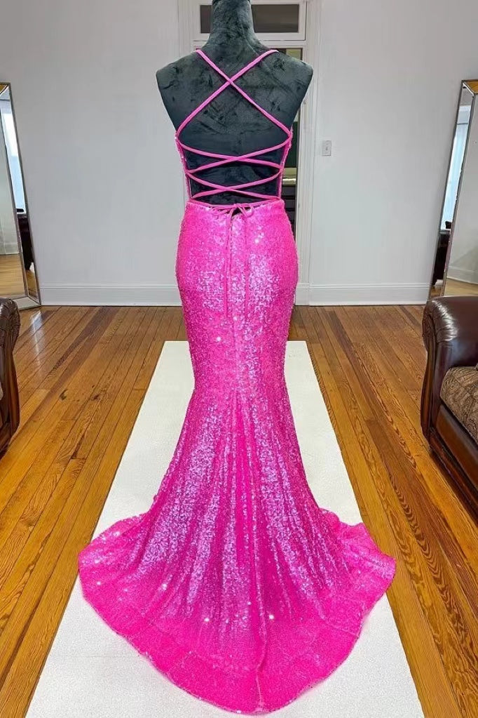 Shiny Hot Pink Sequins V Neck Mermaid Prom Dress, Formal Gown WLD0210