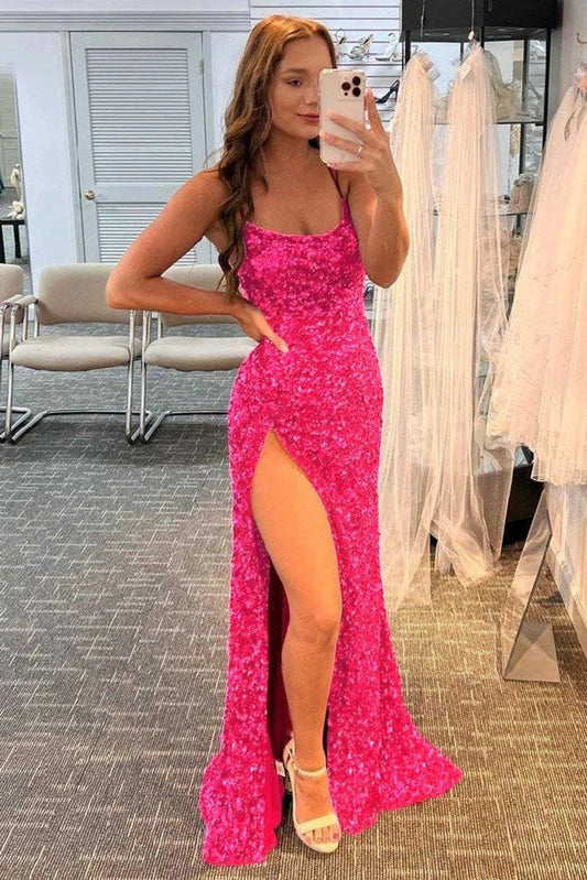 Glitter Hot Pink Sequins Mermaid Backless Long Prom Dresses, Formal Dresses With Side Slit WLD0108