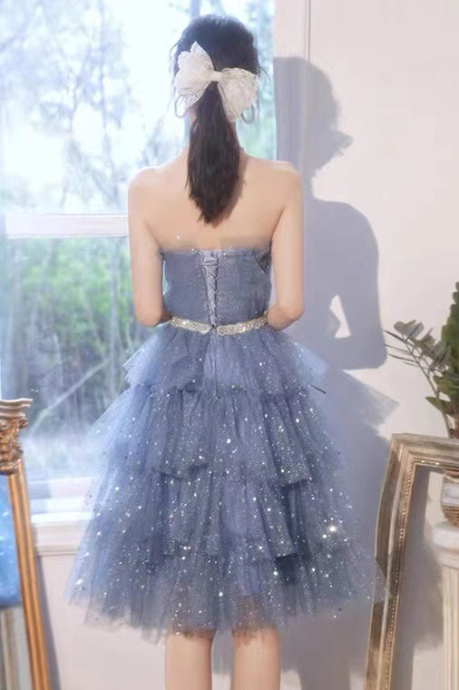 Shiny Blue Tulle A-Line Spaghetti Straps Homecoming Dresses,Short Party Gowns,Hoco Dress WLD0137
