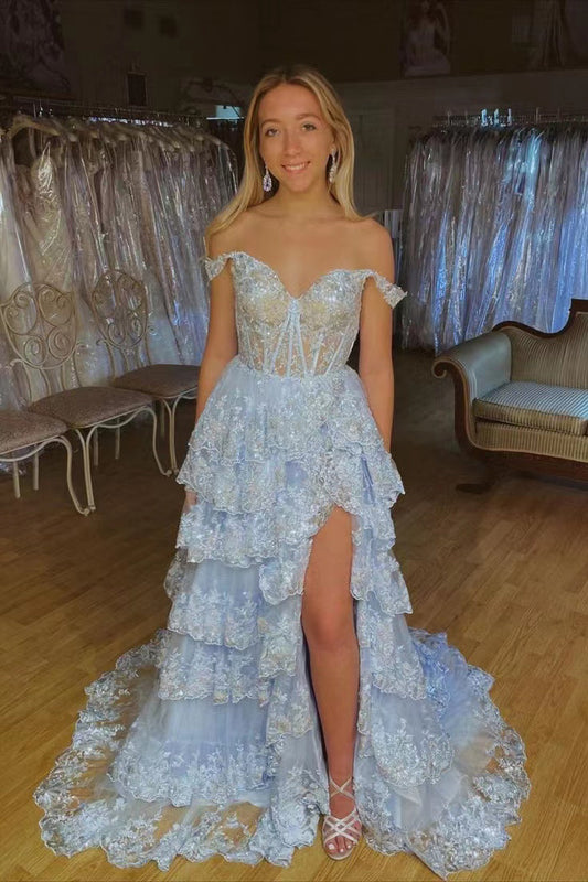 Light Sky Blue Sweetheart Long Prom Gown With Slit, Evening Dress CHP0222