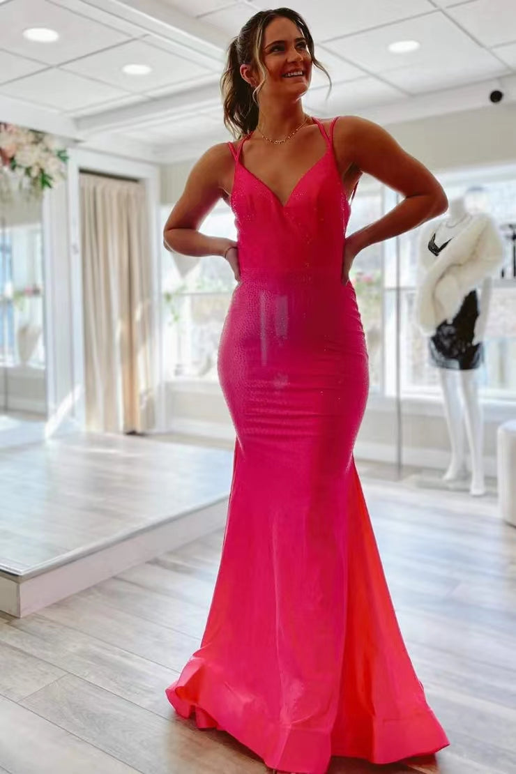Gorgeous Hot Pink Satin Mermaid Long Prom Dress, Formal Dress WLD0177