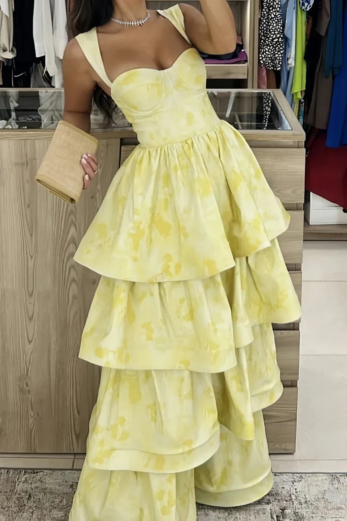 New Arrival Straps Printed Long Prom Dress, A Line Tiered Party Gown CHP0396