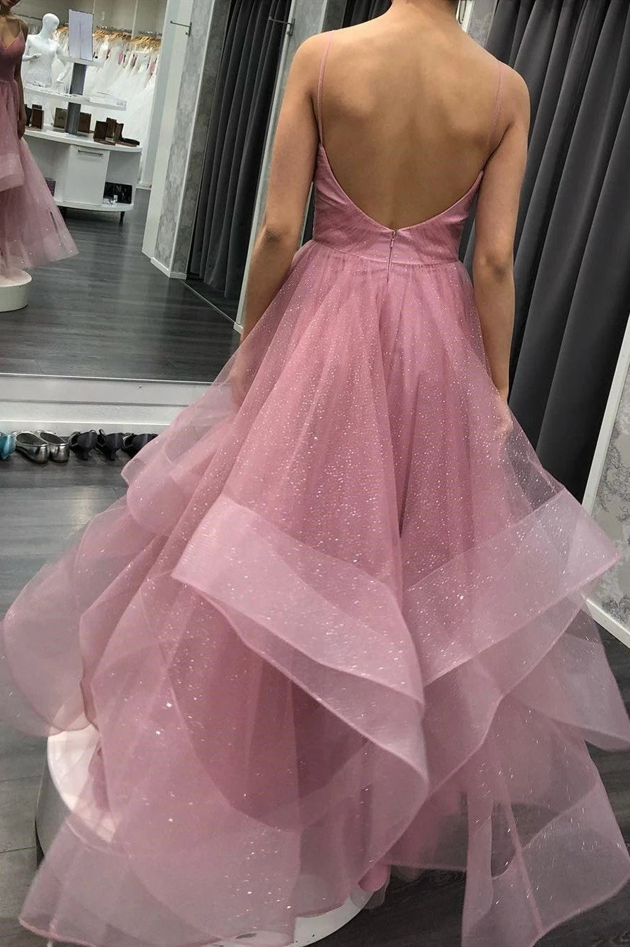 Glitter Asymmetrical Spaghetti Straps Pink Long Prom Dresses Backless Formal Gown WLD0006