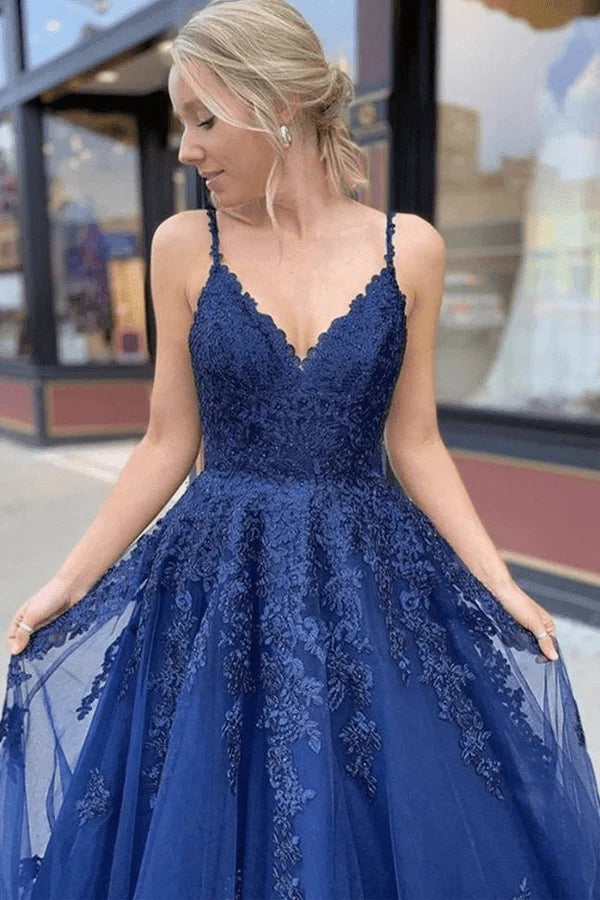 A-line Navy Blue Tulle Lace Long Prom Dress, Evening Dress WLD0247