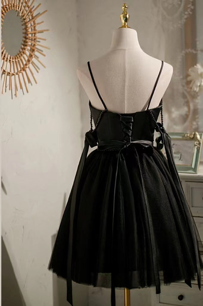 Cute Black Satin Spaghetti Straps V Neck Short Homecoming Dresses With Bowknot WLD0065