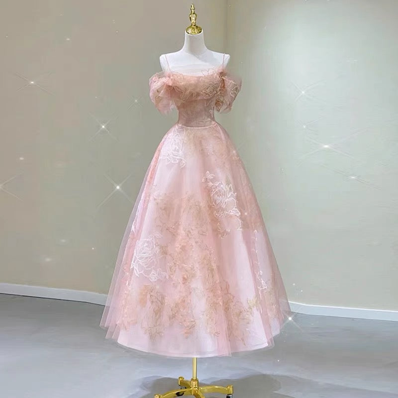 Pink Tulle Lace Short A-Line Prom Dress, Cute Off the Shoulder Party Dress WLD0319