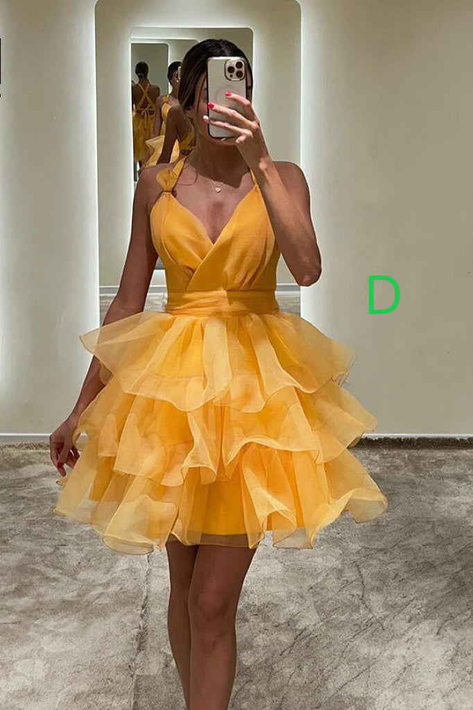 Hot Pink Organza Short Prom Dresses A Line Tiered V-Neck Homecoming Dress WLD0170