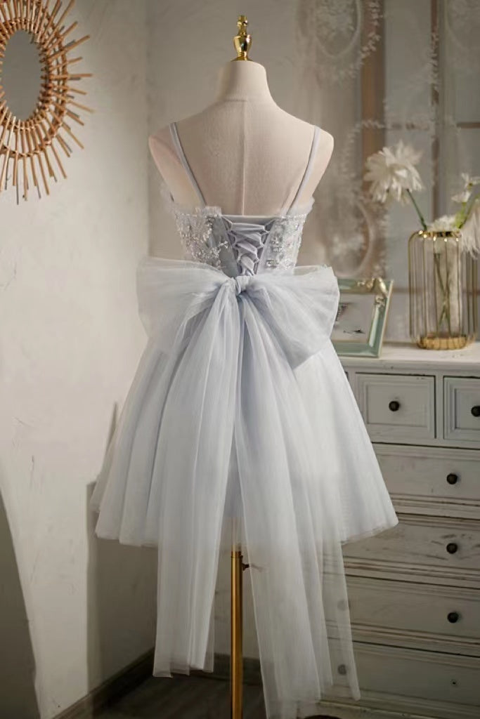 A Line Light Blue Tulle Homecoming Dress with Beading, Cute Bowknot Mini Prom Gown WLD0066