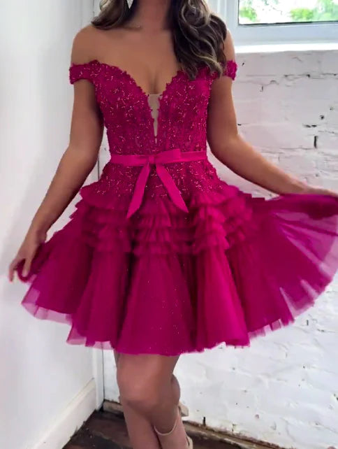 Hot Pink Off-the-Shoulder A-Line Short Prom Dress, Homecoming Dress WLD0156