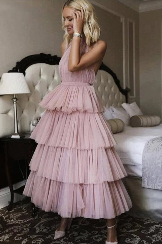 Gorgeous Ankle-Length Halter Tulle Prom Dress With Layers ,Tulle Formal Gown WLD0100