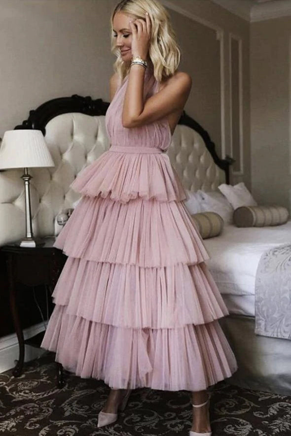 Gorgeous Ankle-Length Halter Tulle Prom Dress With Layers ,Tulle Formal Gown WLD0100