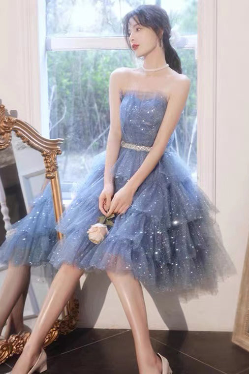 Shiny Blue Tulle A-Line Spaghetti Straps Homecoming Dresses,Short Party Gowns,Hoco Dress WLD0137