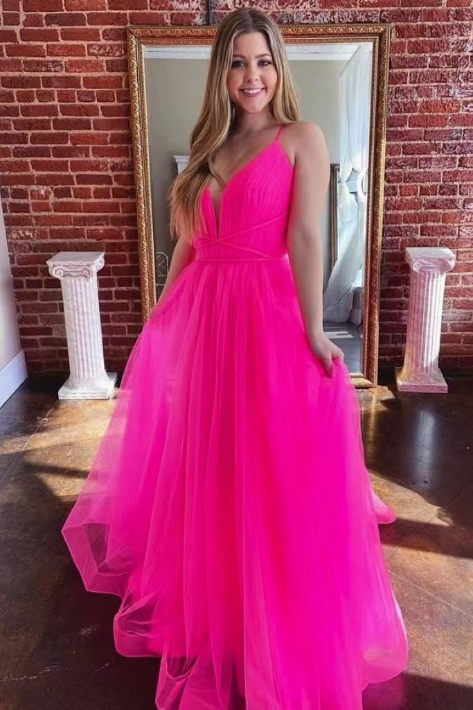 Hot Pink Tulle A Line V-neck Long Prom Dress, Gorgeous Formal Gown WLD0214