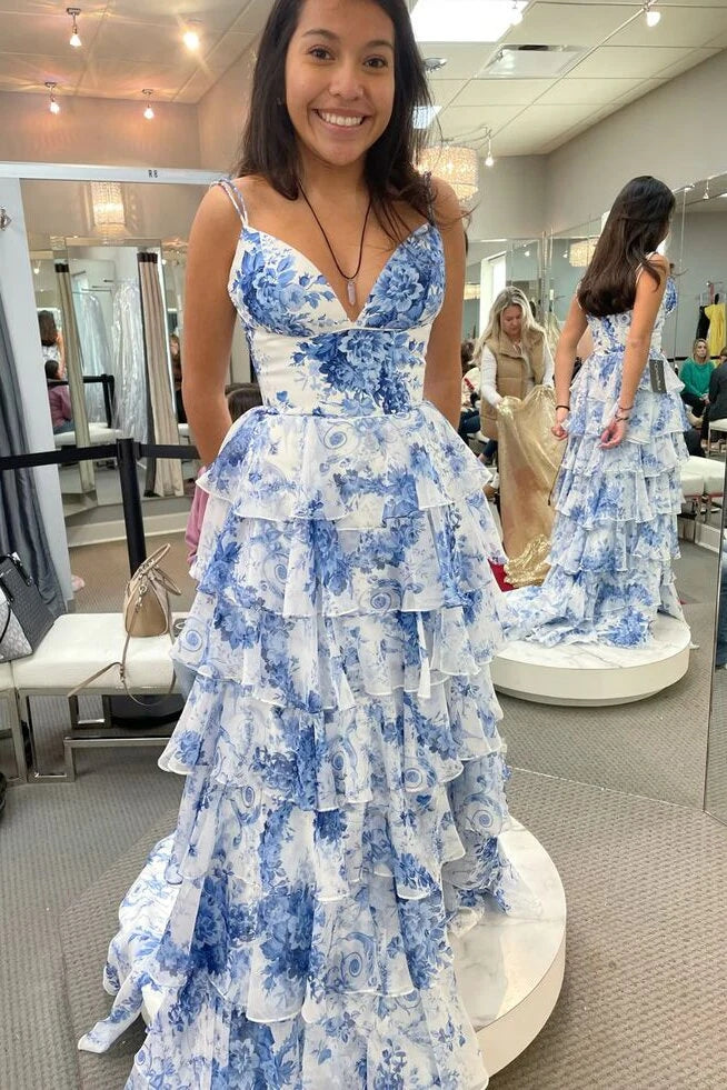 A-line Straps Blue Floral Print Prom Dresses, Layered Slit Graduation Gown WLD0369