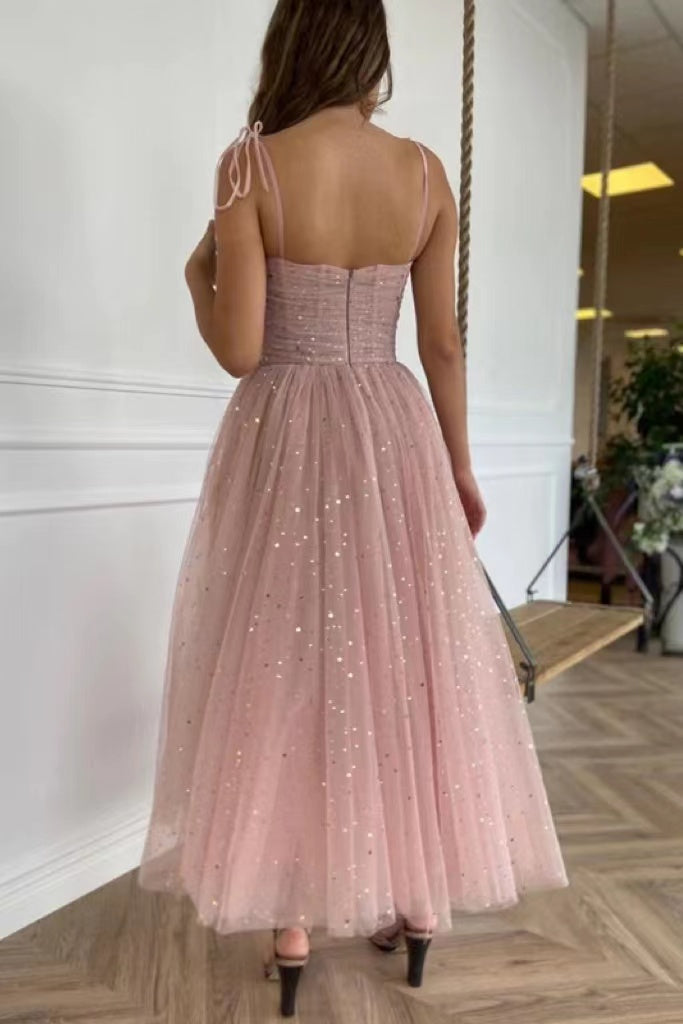 Shiny Pink Sequins Spaghetti Straps Tea Length Prom Dress, Formal Gown WLD0211
