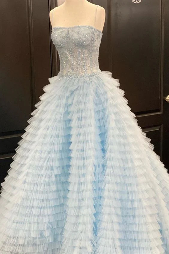 Spaghetti Straps Light Blue Long Prom Dress , Slit Long Formal Gown WLD0365
