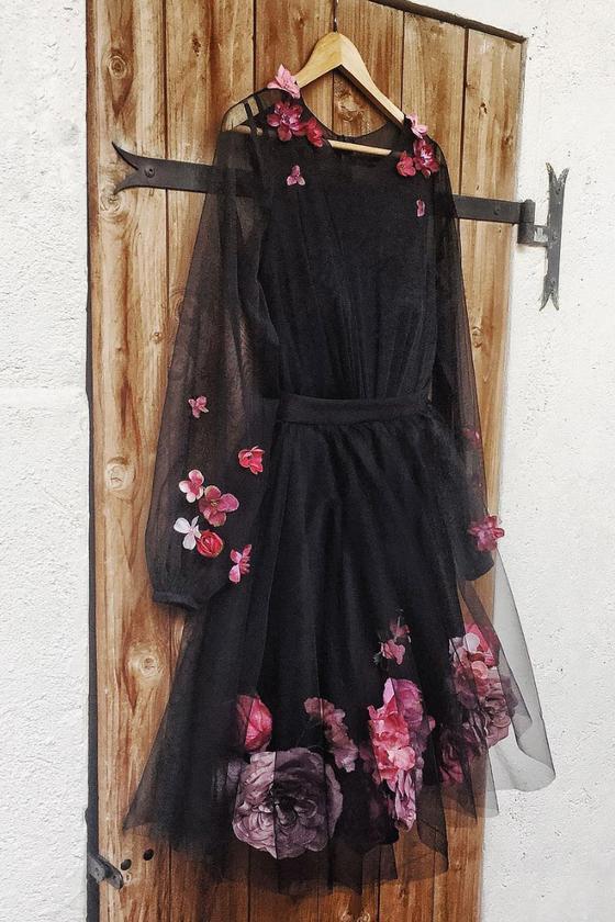 A Line Long Sleeves Black Homecoming Dress with Flowers, Cute Tulle Short Prom Dress WLD1858
