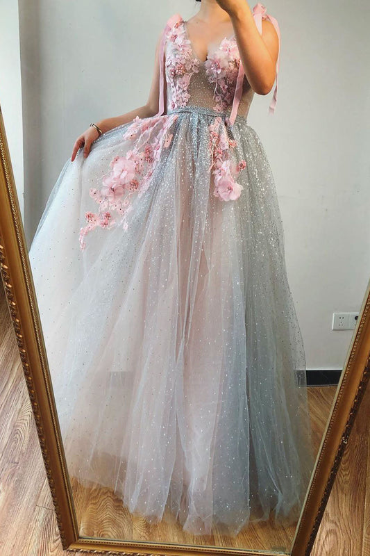 A-Line V Neck Sleeveless Pink Long Prom Dresses With Applique Beautiful Evening Gowns WLD0029