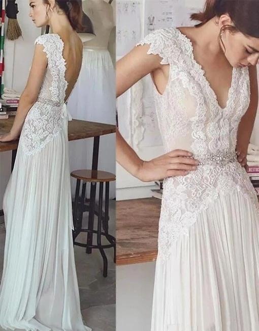 Unique V Neck Cap Sleeves Chiffon Beach Wedding Dress with Beading Waist WLD2521