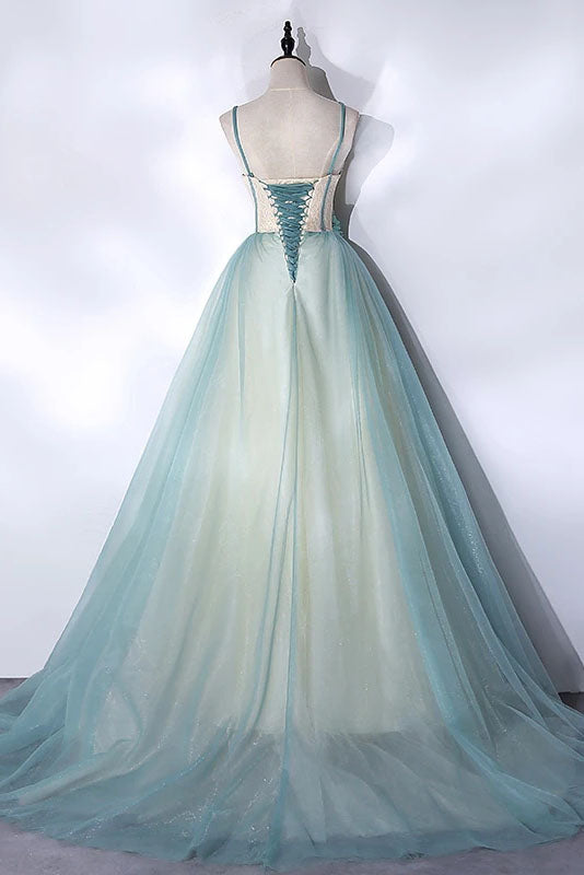Mint Green and Champagne Long Tulle with Hand-Made Flower Sweet Dress, Unique Long Party Dresses CHP0056