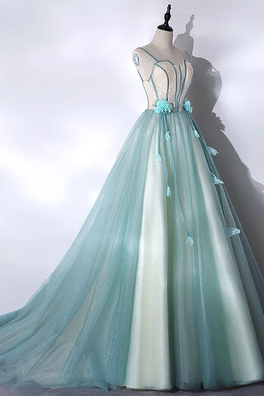 Mint Green and Champagne Long Tulle with Hand-Made Flower Sweet Dress, Unique Long Party Dresses CHP0056