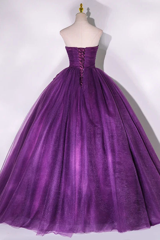 Purple Strapless Tulle Ball Gown Bowknot Formal Dresses, Purple Sleeveless Sweet Bowknot Prom Dresses CHP0057