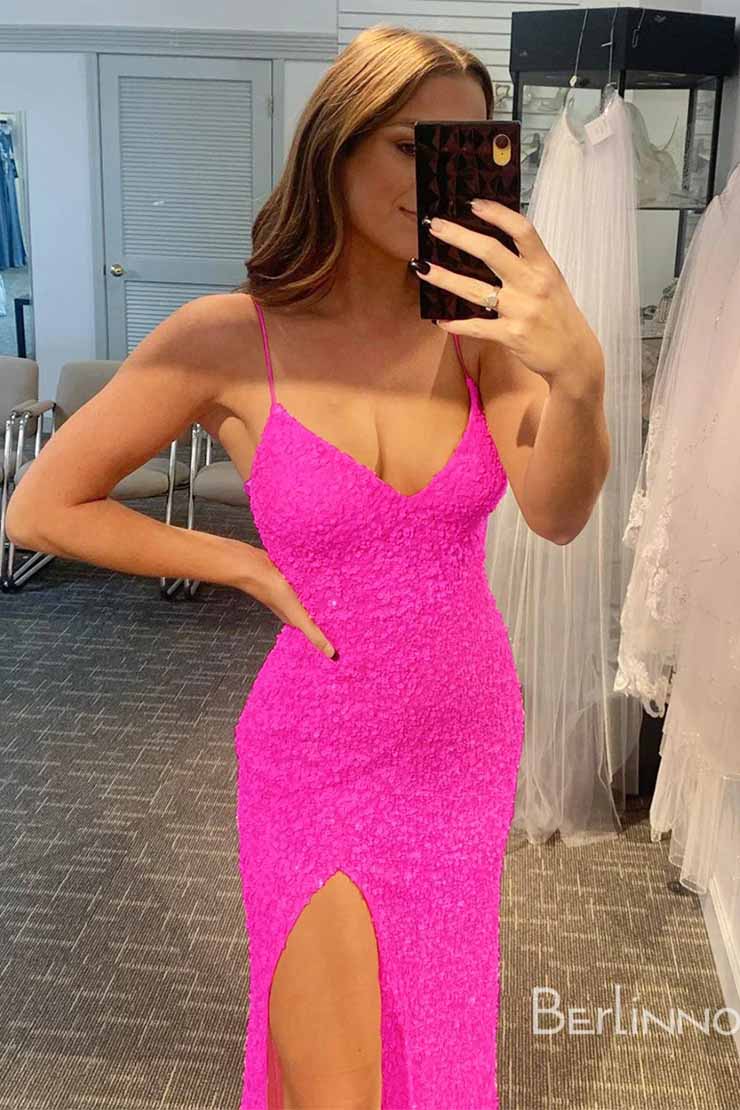 Hot Pink Sheath Floor-Length Sweetheart Spaghetti Sleeveless Prom Dress,Long Backless Party Dress WLD0091