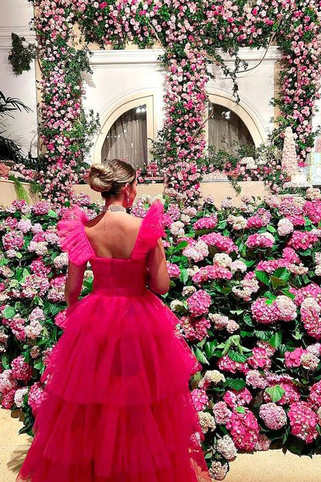 A-Line Pink Tulle Long Prom Dress With Layers, Long Evening Dress WLD0243
