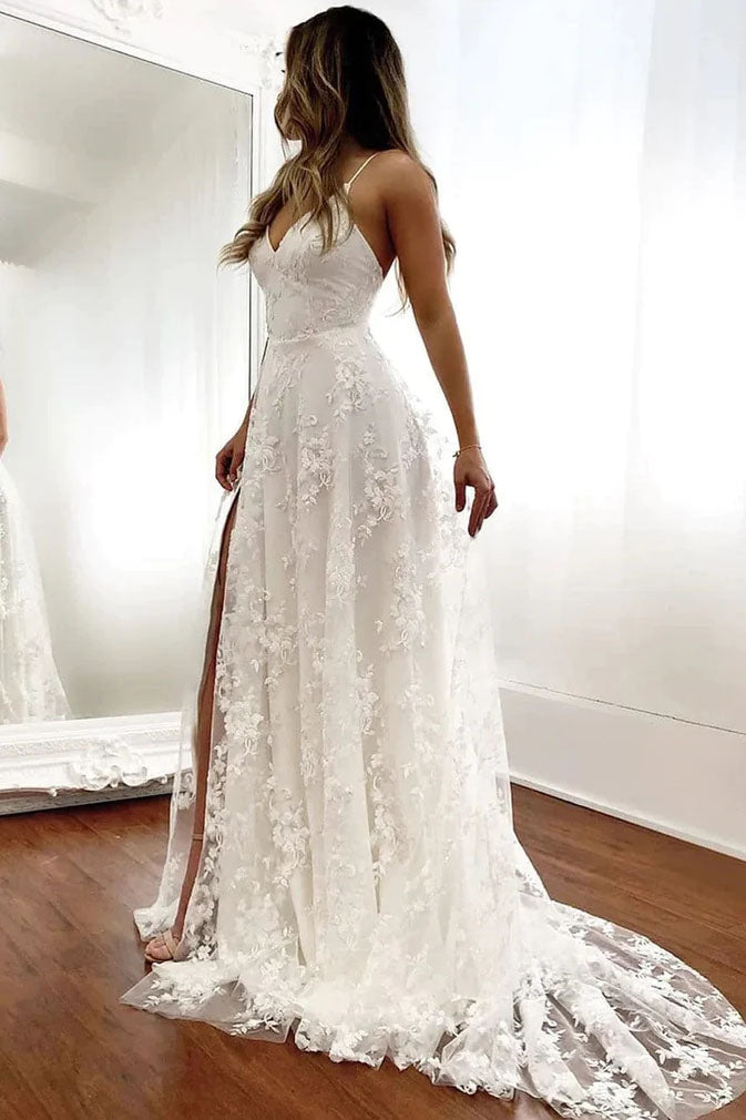 A Line Spaghetti Straps V Neck Long Lace Wedding Dresses with High Slit CHW0140